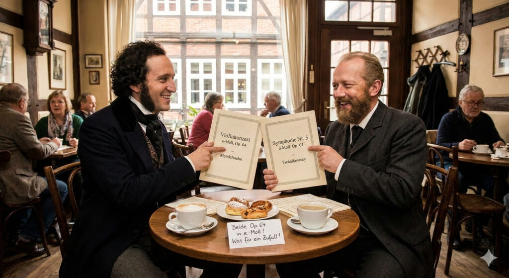 Felix Mendelssohn und Peter Tschaikowski stellen gemeinsam fest, dass sie ein "opus 64 in e-moll" geschrieben haben. Das feiern sie mit einer Tasse Kaffee in einem schönen Café in Lüneburg.